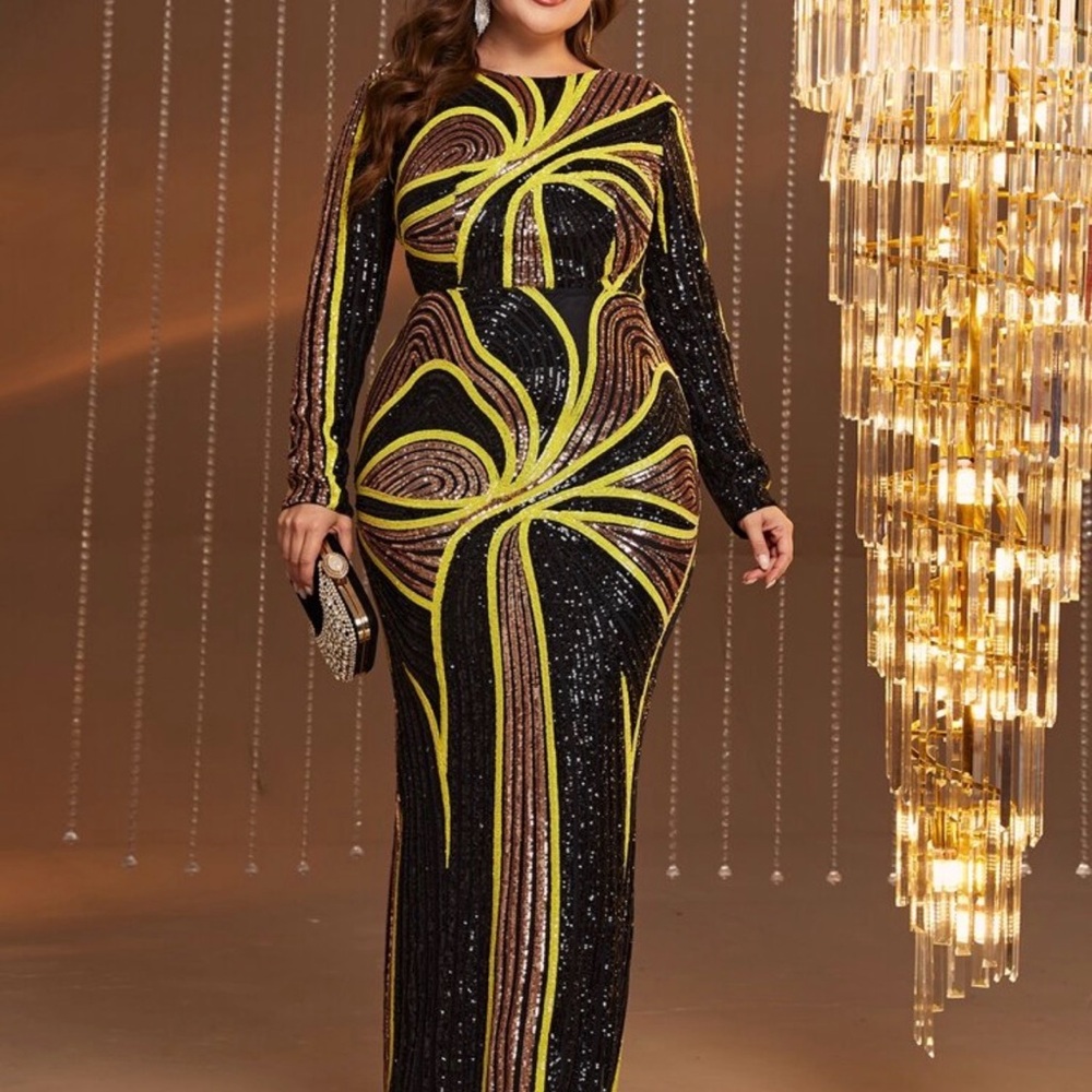 Glamorous Black and Gold Sequin Evening Gown
